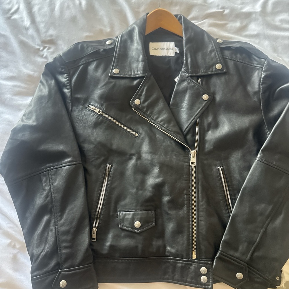 Calvin Klein Jeans Black Napa Leather Moto Jacket w/ Silver Hardware